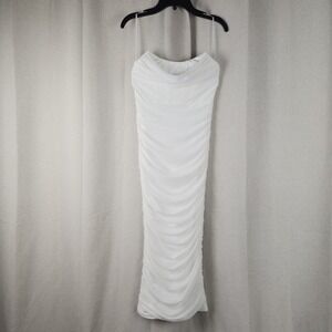 Ruby Sees Bodycon Dress Womens 8 White Ruched Cowl Neck Spaghetti Strap Midi Zip